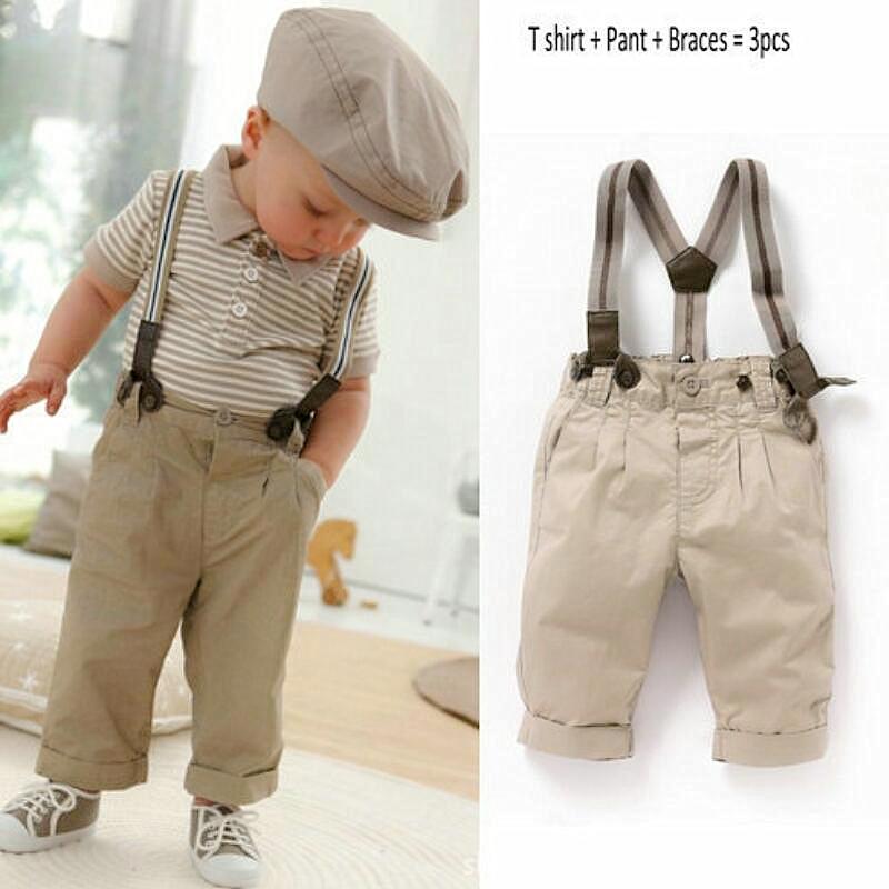 Boy Toddler Strips Tops+Pants+Braces 3Pcs Outfit Set